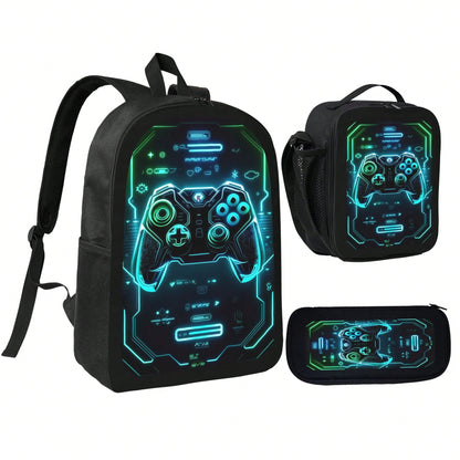 1k+Sold(Game Controller) Men's Fashion Backpack + Insulated Lunch Bag + Pencil Case 3 Pieces Set, Minimalist Men's Lightweight Backpack, Outdoor Travel Bag, Multi-Compartment Versatile Casual Bag, Sto