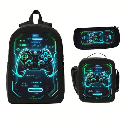 1k+Sold(Game Controller) Men's Fashion Backpack + Insulated Lunch Bag + Pencil Case 3 Pieces Set, Minimalist Men's Lightweight Backpack, Outdoor Travel Bag, Multi-Compartment Versatile Casual Bag, Sto