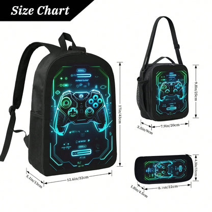 1k+Sold(Game Controller) Men's Fashion Backpack + Insulated Lunch Bag + Pencil Case 3 Pieces Set, Minimalist Men's Lightweight Backpack, Outdoor Travel Bag, Multi-Compartment Versatile Casual Bag, Sto