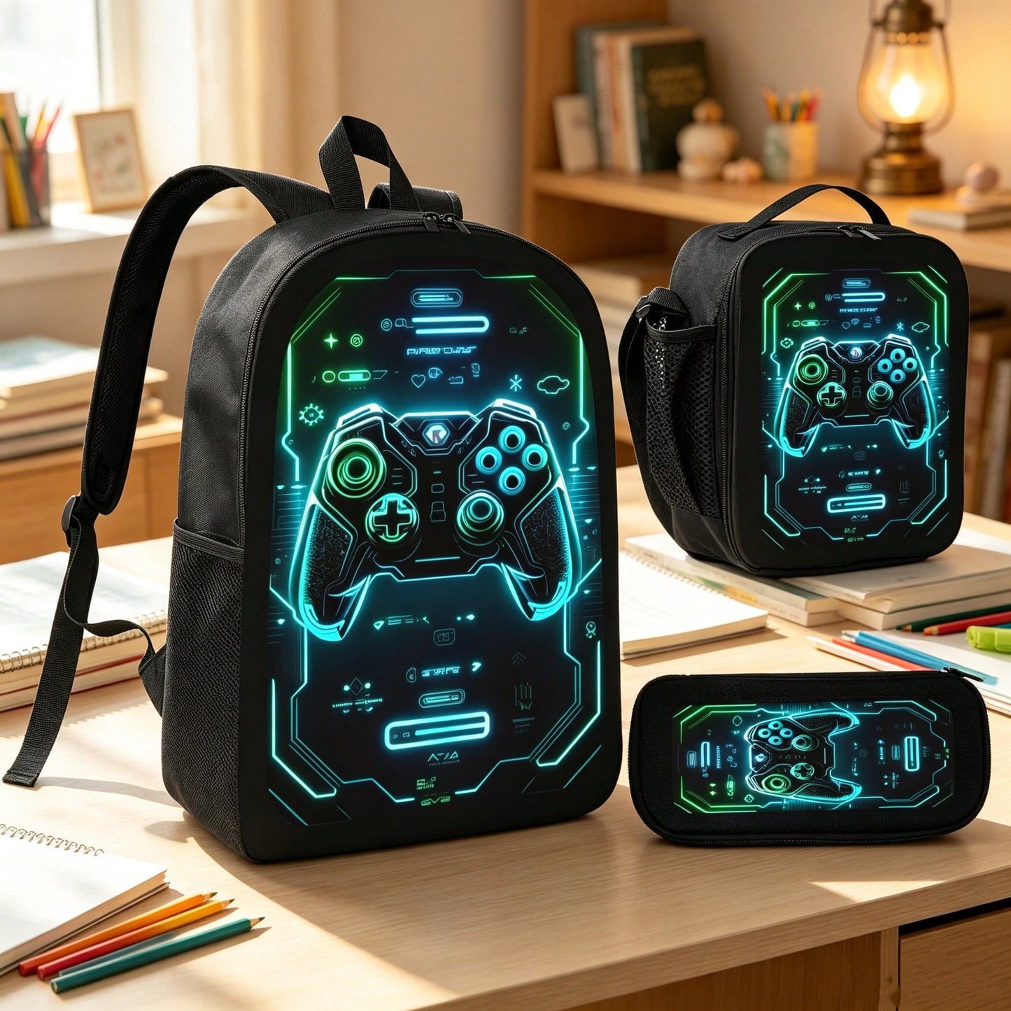 1k+Sold(Game Controller) Men's Fashion Backpack + Insulated Lunch Bag + Pencil Case 3 Pieces Set, Minimalist Men's Lightweight Backpack, Outdoor Travel Bag, Multi-Compartment Versatile Casual Bag, Sto