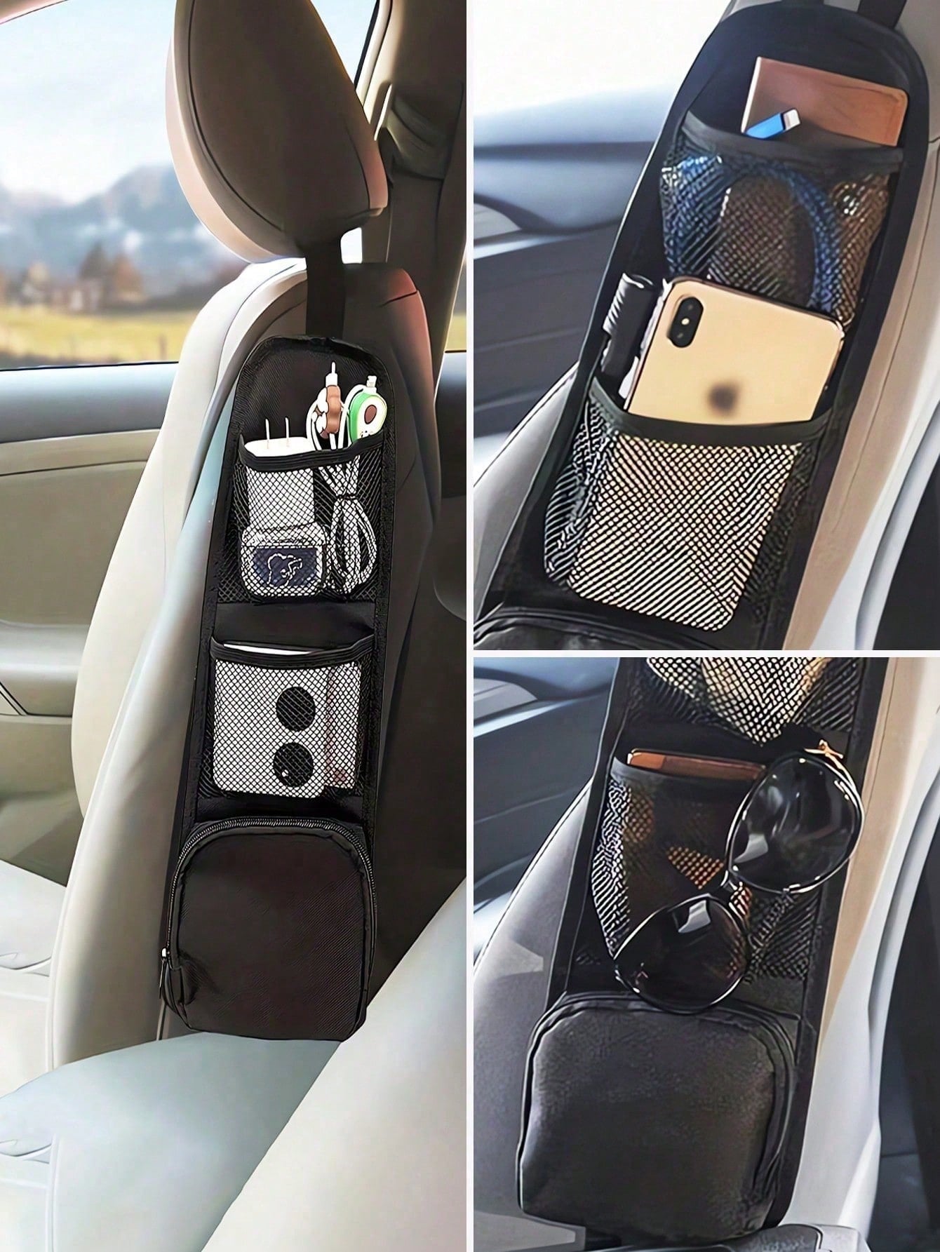 1pair Black Car Seat Organizer Car Storage Bag Car Hanging Storage Bag With Multi-Pocket Car Seat Storage Bag Mesh Hanging Storage Bag Auto Seat Side Bag Organizer Phone Holder Drink Holder Phone Orga