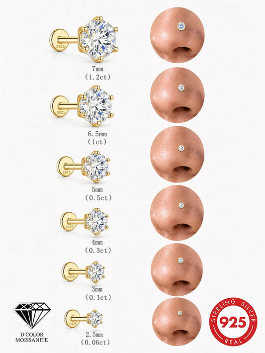 1Pc 0.06-0.3ct 925 Sterling Silver Moissanite Six-Prong Setting Nose Stud Flat Back Hypoallergenic Piercing Jewelry Nose Ring For Women Daily Wear