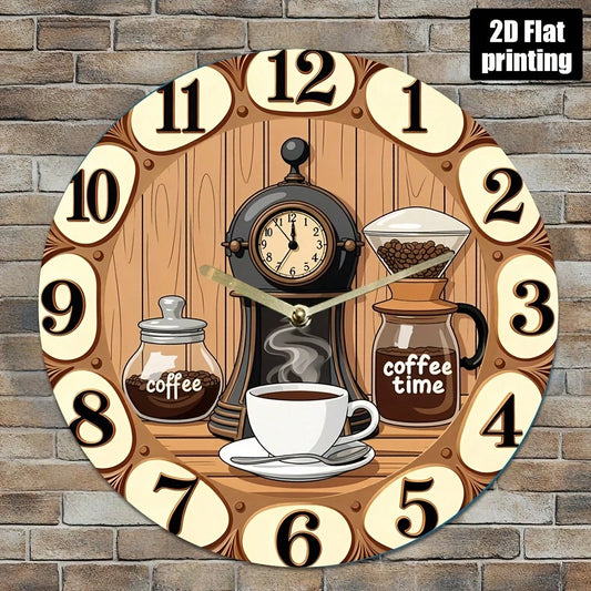 1Pc 2D Flat Coffee Machine Cup "Coffee Time" Print Wall Clock, 12Inch Silent Round Clock For Kitchen Living Room Bedroom, Vintage Coffee Bar Country