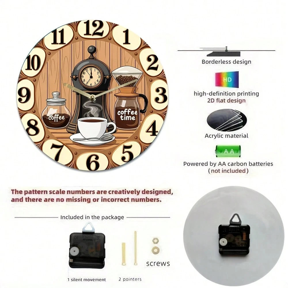 1Pc 2D Flat Coffee Machine Cup "Coffee Time" Print Wall Clock, 12Inch Silent Round Clock For Kitchen Living Room Bedroom, Vintage Coffee Bar Country