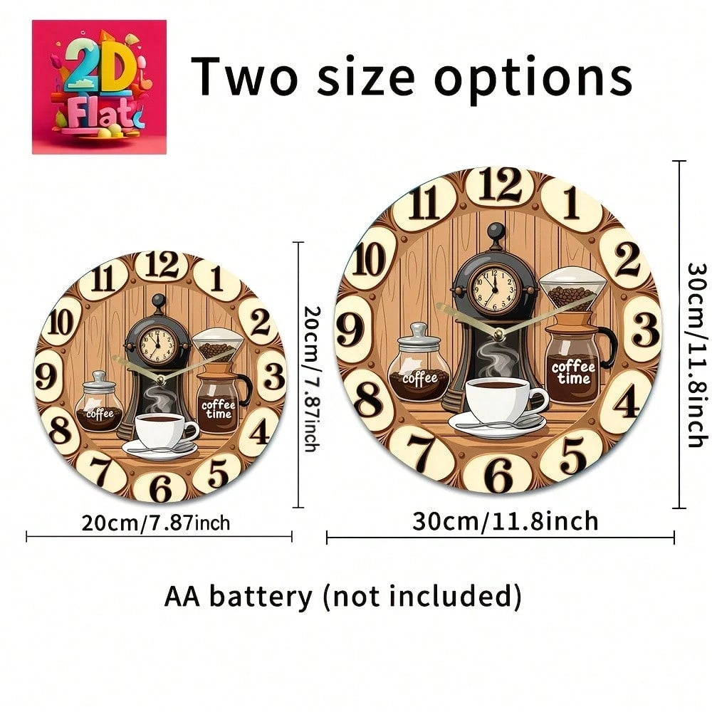 1Pc 2D Flat Coffee Machine Cup "Coffee Time" Print Wall Clock, 12Inch Silent Round Clock For Kitchen Living Room Bedroom, Vintage Coffee Bar Country