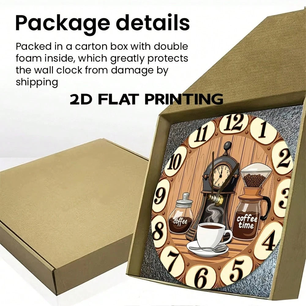 1Pc 2D Flat Coffee Machine Cup "Coffee Time" Print Wall Clock, 12Inch Silent Round Clock For Kitchen Living Room Bedroom, Vintage Coffee Bar Country