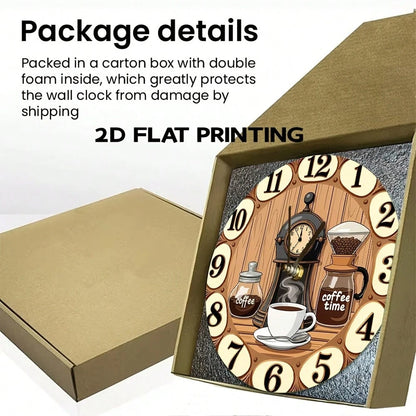 1Pc 2D Flat Coffee Machine Cup "Coffee Time" Print Wall Clock, 12Inch Silent Round Clock For Kitchen Living Room Bedroom, Vintage Coffee Bar Country
