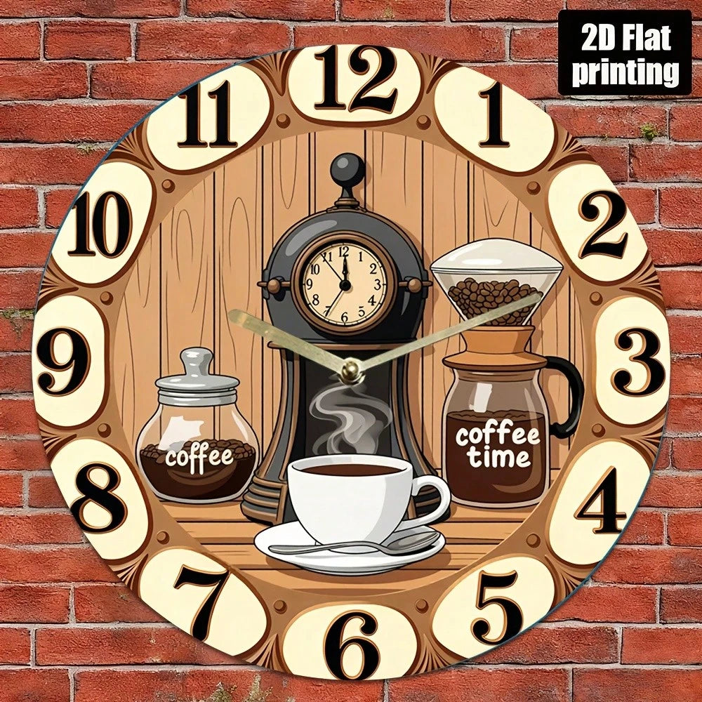1Pc 2D Flat Coffee Machine Cup "Coffee Time" Print Wall Clock, 12Inch Silent Round Clock For Kitchen Living Room Bedroom, Vintage Coffee Bar Country
