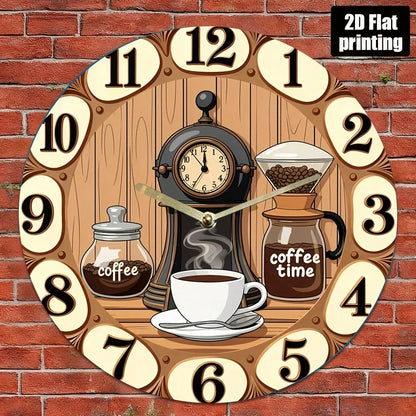 1Pc 2D Flat Coffee Machine Cup "Coffee Time" Print Wall Clock, 12Inch Silent Round Clock For Kitchen Living Room Bedroom, Vintage Coffee Bar Country