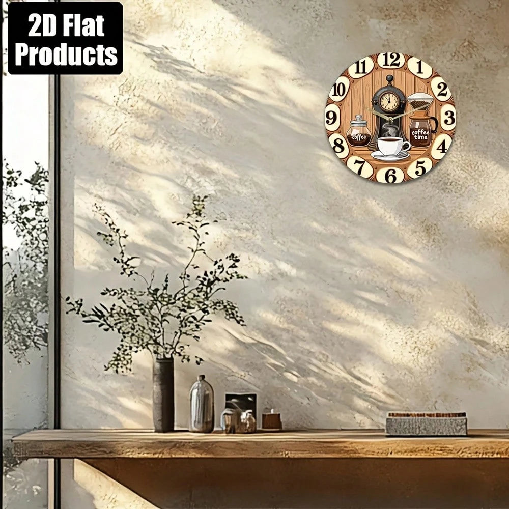 1Pc 2D Flat Coffee Machine Cup "Coffee Time" Print Wall Clock, 12Inch Silent Round Clock For Kitchen Living Room Bedroom, Vintage Coffee Bar Country