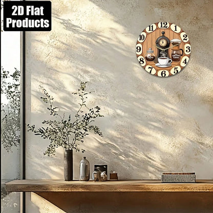 1Pc 2D Flat Coffee Machine Cup "Coffee Time" Print Wall Clock, 12Inch Silent Round Clock For Kitchen Living Room Bedroom, Vintage Coffee Bar Country