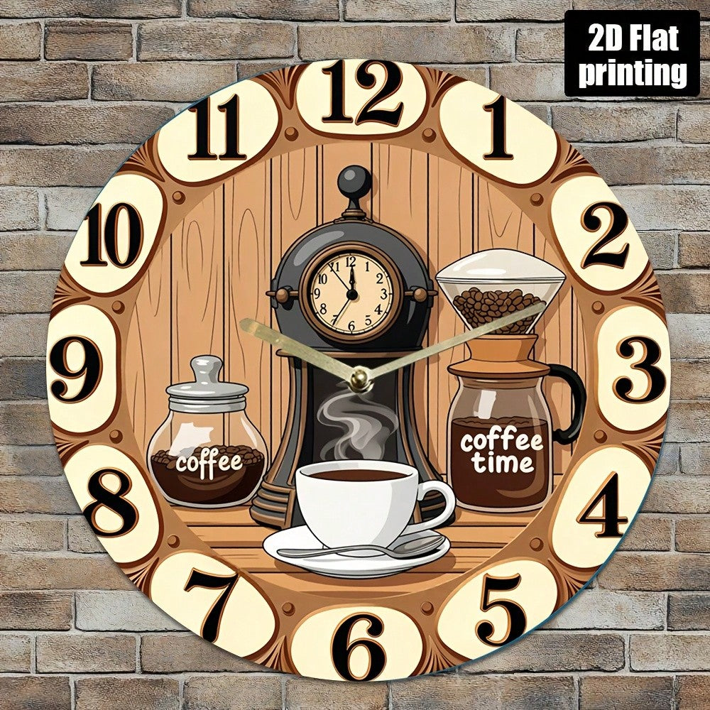 1Pc 2D Flat Coffee Machine Cup "Coffee Time" Print Wall Clock, 12Inch Silent Round Clock For Kitchen Living Room Bedroom, Vintage Coffee Bar Country