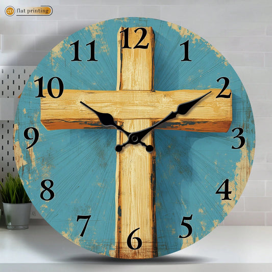 1Pc 2D Flat Wooden Cross Pattern Print Wall Clock, 12Inch Silent Wooden Round Clock For Living Room Bedroom, Religious Home Decor Gift