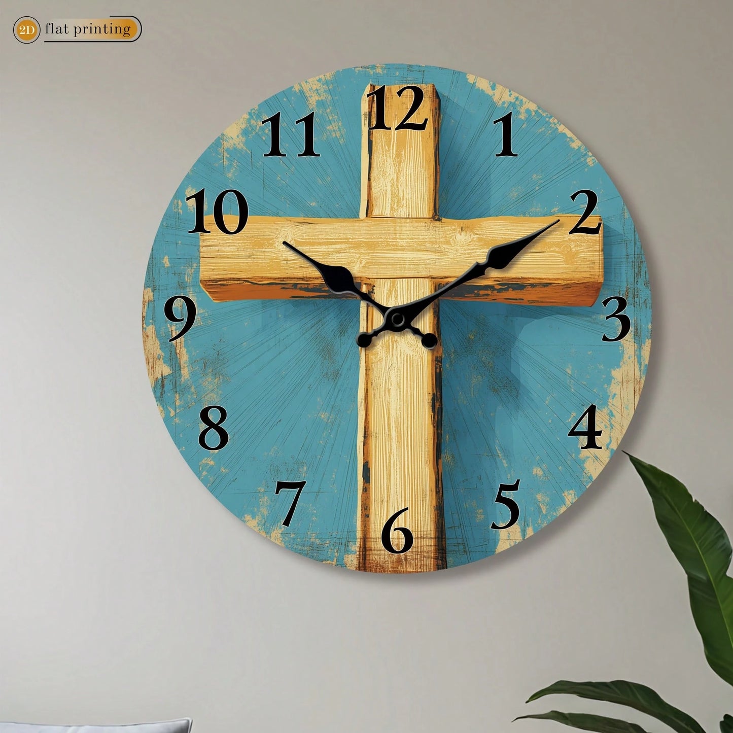 1Pc 2D Flat Wooden Cross Pattern Print Wall Clock, 12Inch Silent Wooden Round Clock For Living Room Bedroom, Religious Home Decor Gift