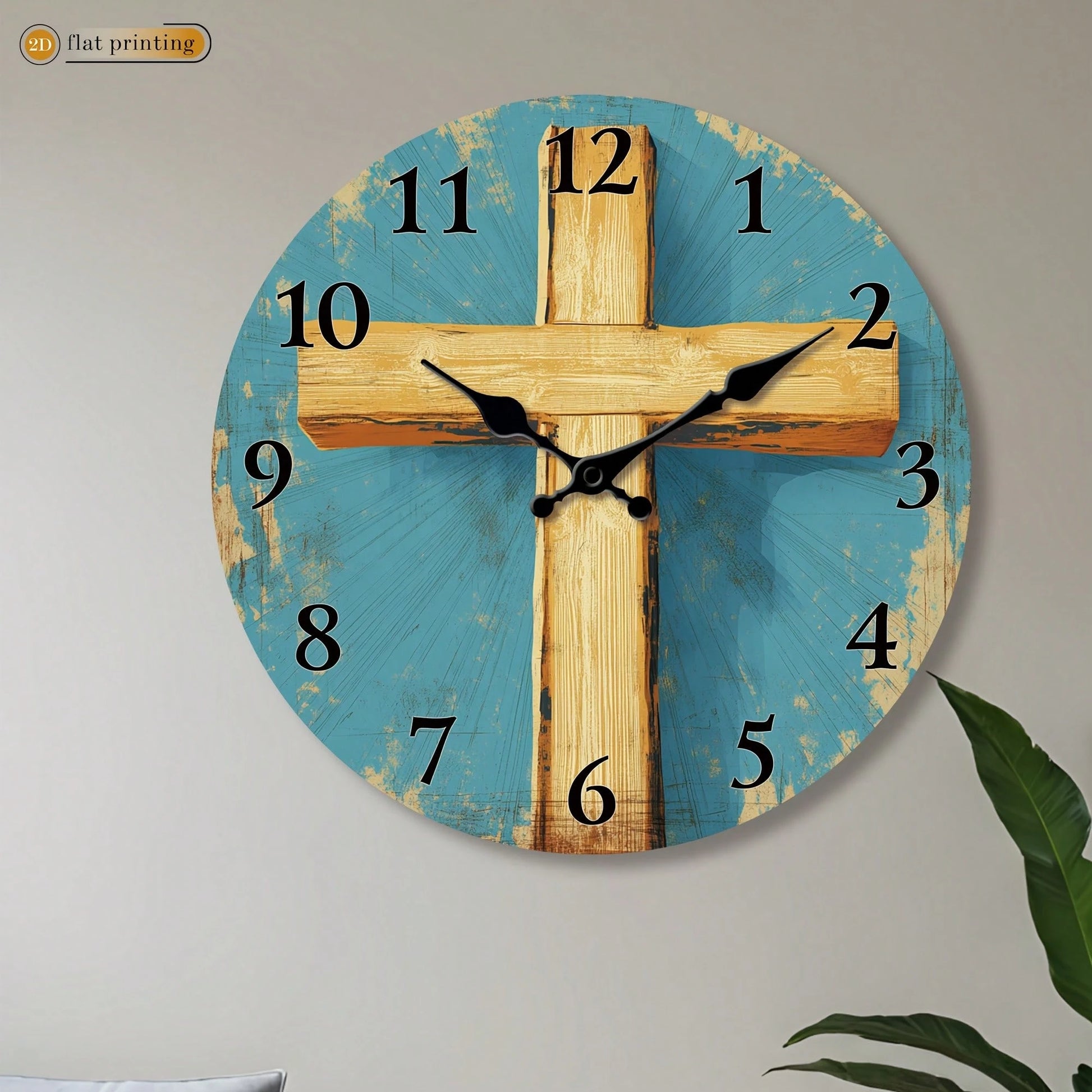 1Pc 2D Flat Wooden Cross Pattern Print Wall Clock, 12Inch Silent Wooden Round Clock For Living Room Bedroom, Religious Home Decor Gift