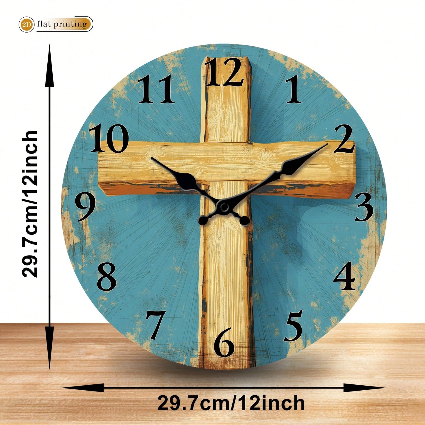 1Pc 2D Flat Wooden Cross Pattern Print Wall Clock, 12Inch Silent Wooden Round Clock For Living Room Bedroom, Religious Home Decor Gift