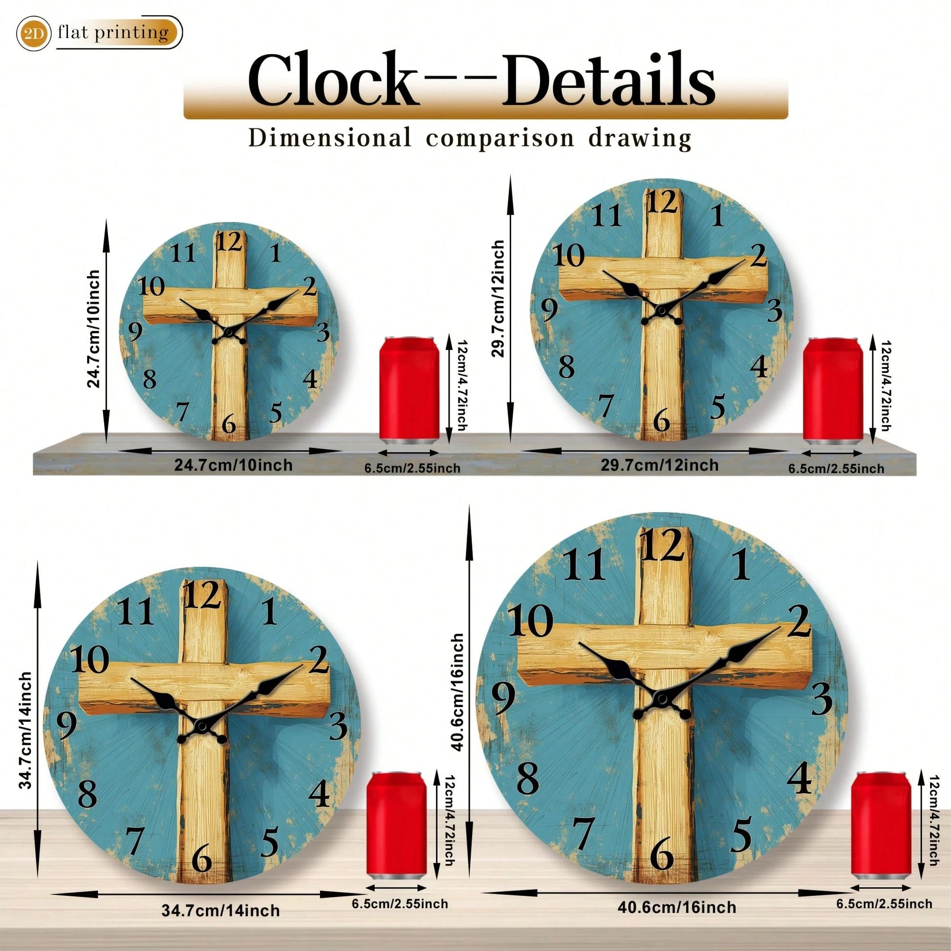 1Pc 2D Flat Wooden Cross Pattern Print Wall Clock, 12Inch Silent Wooden Round Clock For Living Room Bedroom, Religious Home Decor Gift