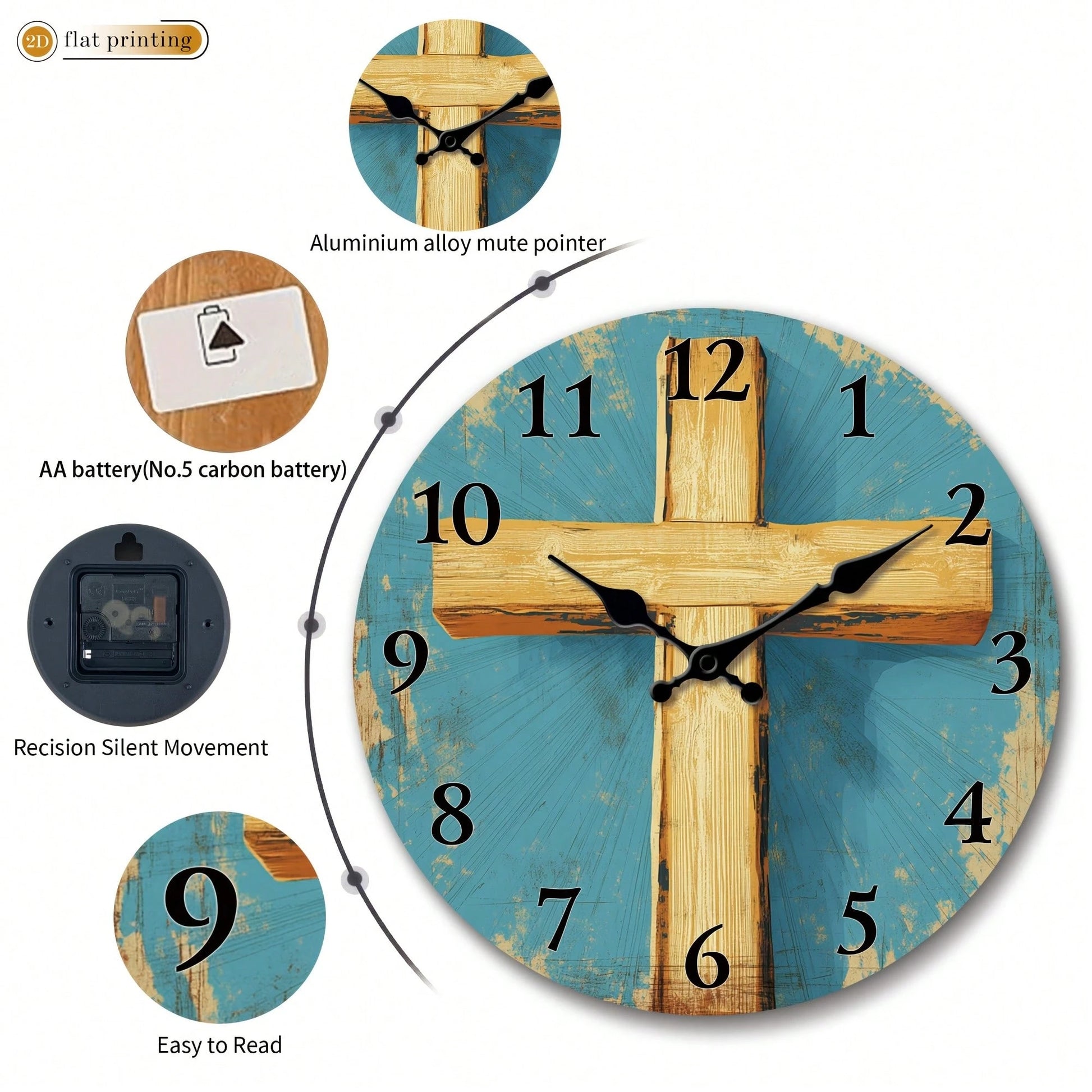 1Pc 2D Flat Wooden Cross Pattern Print Wall Clock, 12Inch Silent Wooden Round Clock For Living Room Bedroom, Religious Home Decor Gift