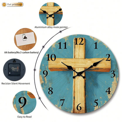1Pc 2D Flat Wooden Cross Pattern Print Wall Clock, 12Inch Silent Wooden Round Clock For Living Room Bedroom, Religious Home Decor Gift