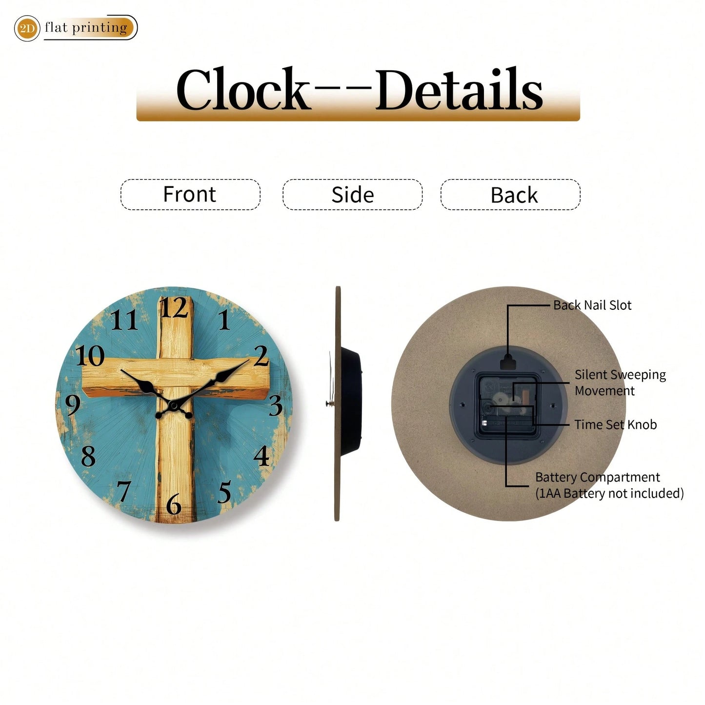1Pc 2D Flat Wooden Cross Pattern Print Wall Clock, 12Inch Silent Wooden Round Clock For Living Room Bedroom, Religious Home Decor Gift