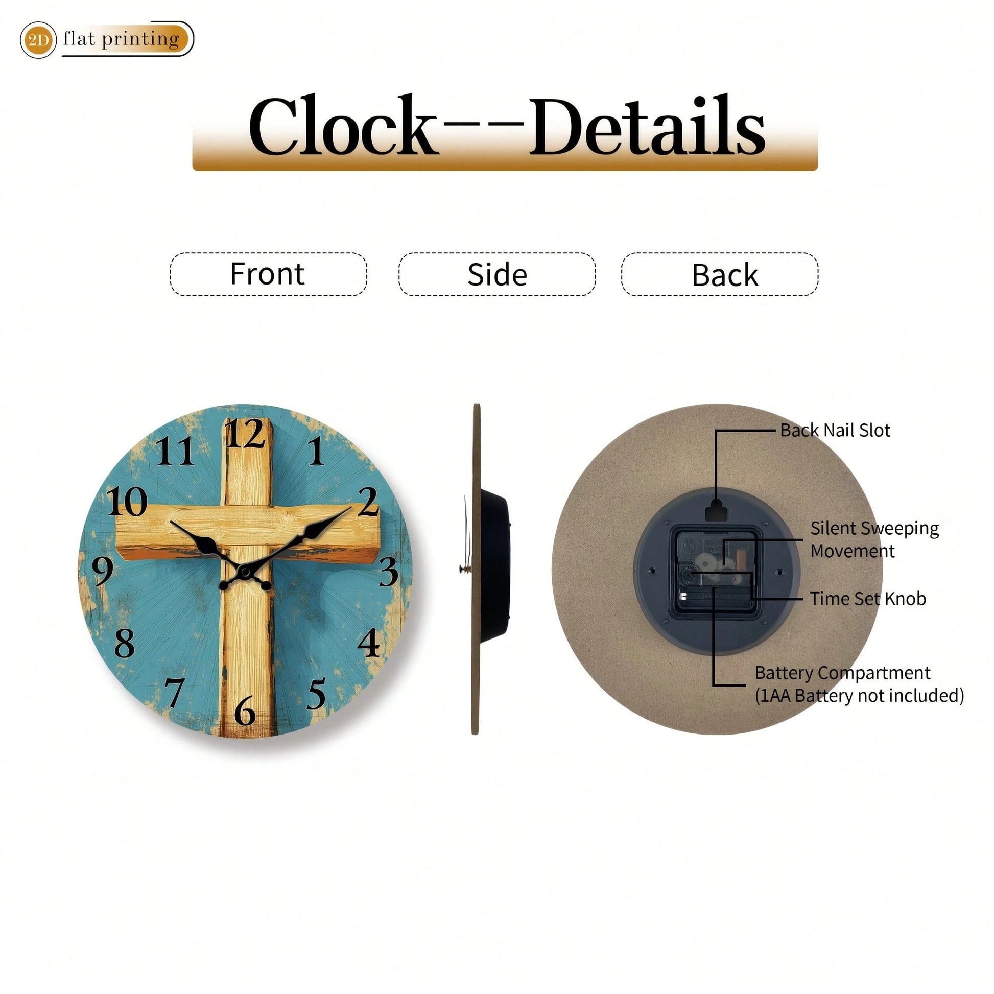 1Pc 2D Flat Wooden Cross Pattern Print Wall Clock, 12Inch Silent Wooden Round Clock For Living Room Bedroom, Religious Home Decor Gift