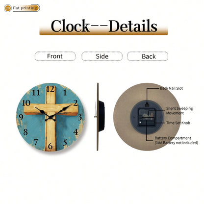 1Pc 2D Flat Wooden Cross Pattern Print Wall Clock, 12Inch Silent Wooden Round Clock For Living Room Bedroom, Religious Home Decor Gift
