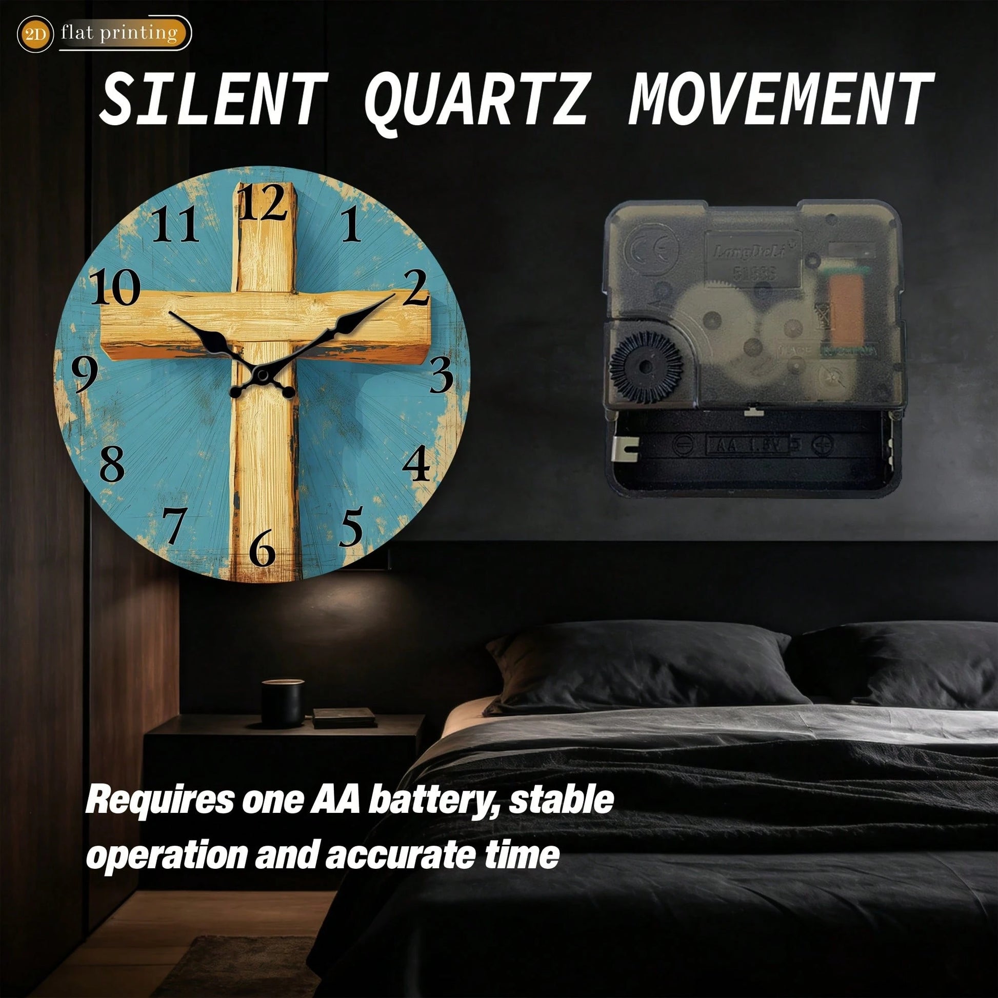 1Pc 2D Flat Wooden Cross Pattern Print Wall Clock, 12Inch Silent Wooden Round Clock For Living Room Bedroom, Religious Home Decor Gift