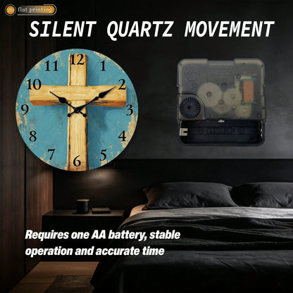1Pc 2D Flat Wooden Cross Pattern Print Wall Clock, 12Inch Silent Wooden Round Clock For Living Room Bedroom, Religious Home Decor Gift
