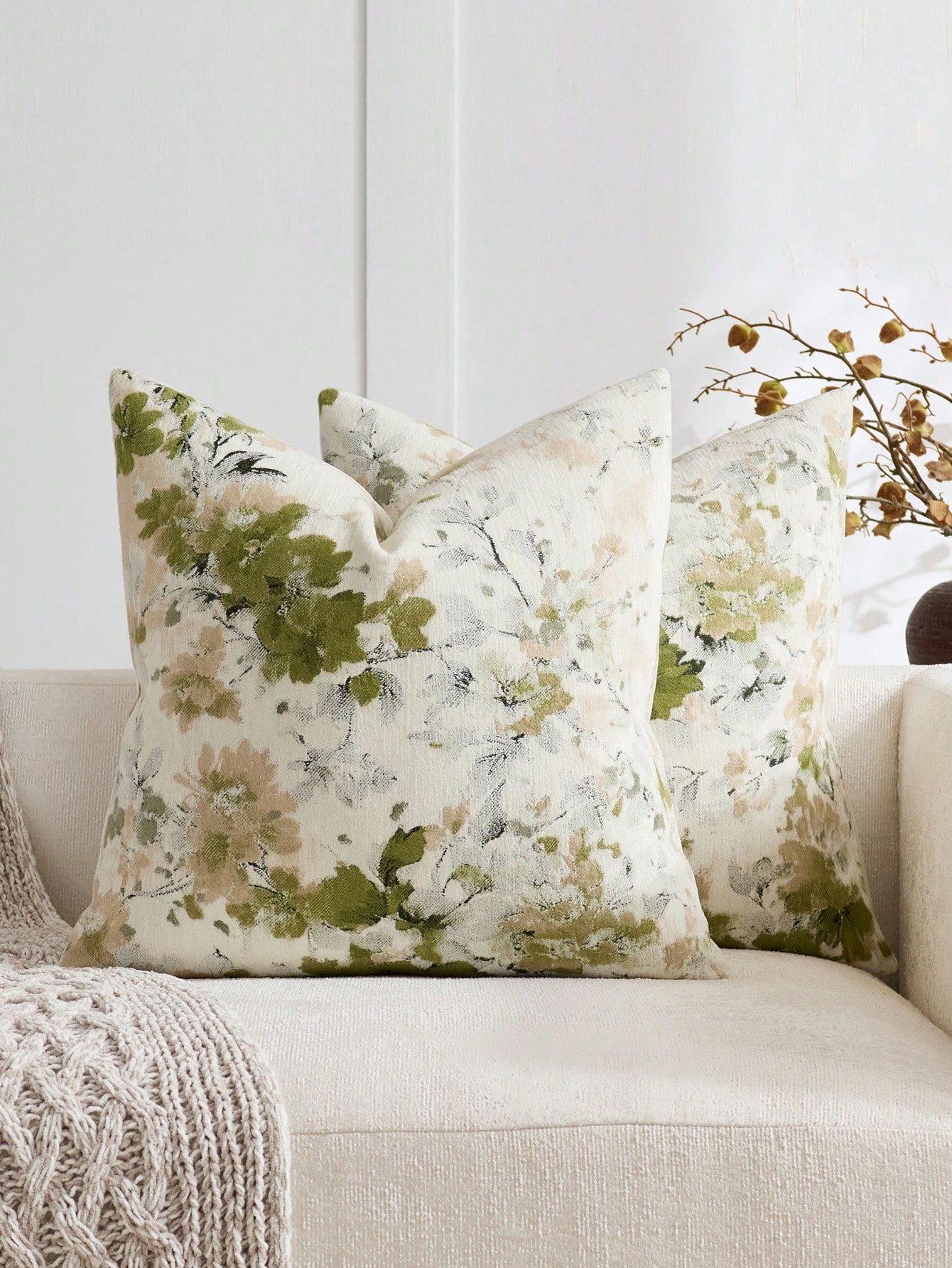 1pc/2pcs Sage (No Insert) Vintage Botanical Floral Pattern Throw Pillow Cover, Fashionable Retro Comfortable Jacquard Chenille + Faux Cashmere Decorative Pillow Cover, Suitable For Daily Home Decor, S