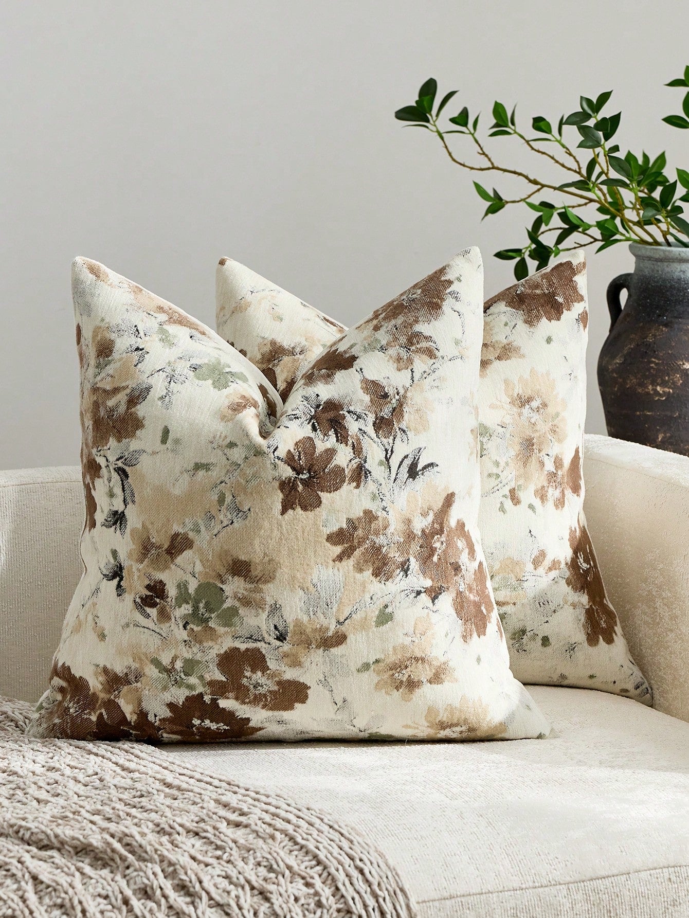 1pc/2pcs Sage (No Insert) Vintage Botanical Floral Pattern Throw Pillow Cover, Fashionable Retro Comfortable Jacquard Chenille + Faux Cashmere Decorative Pillow Cover, Suitable For Daily Home Decor, S