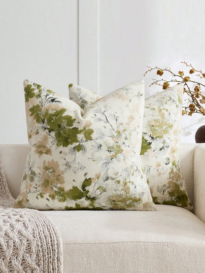 1pc/2pcs Sage (No Insert) Vintage Botanical Floral Pattern Throw Pillow Cover, Fashionable Retro Comfortable Jacquard Chenille + Faux Cashmere Decorative Pillow Cover, Suitable For Daily Home Decor, S