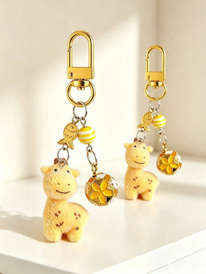 1pc/2pcs Women's Cartoon Giraffe Flocked Beaded Pendant, Colorful Cloisonné Hollow Flower Ball Bell Charm Keychain, Creative Cute Bag Pendant