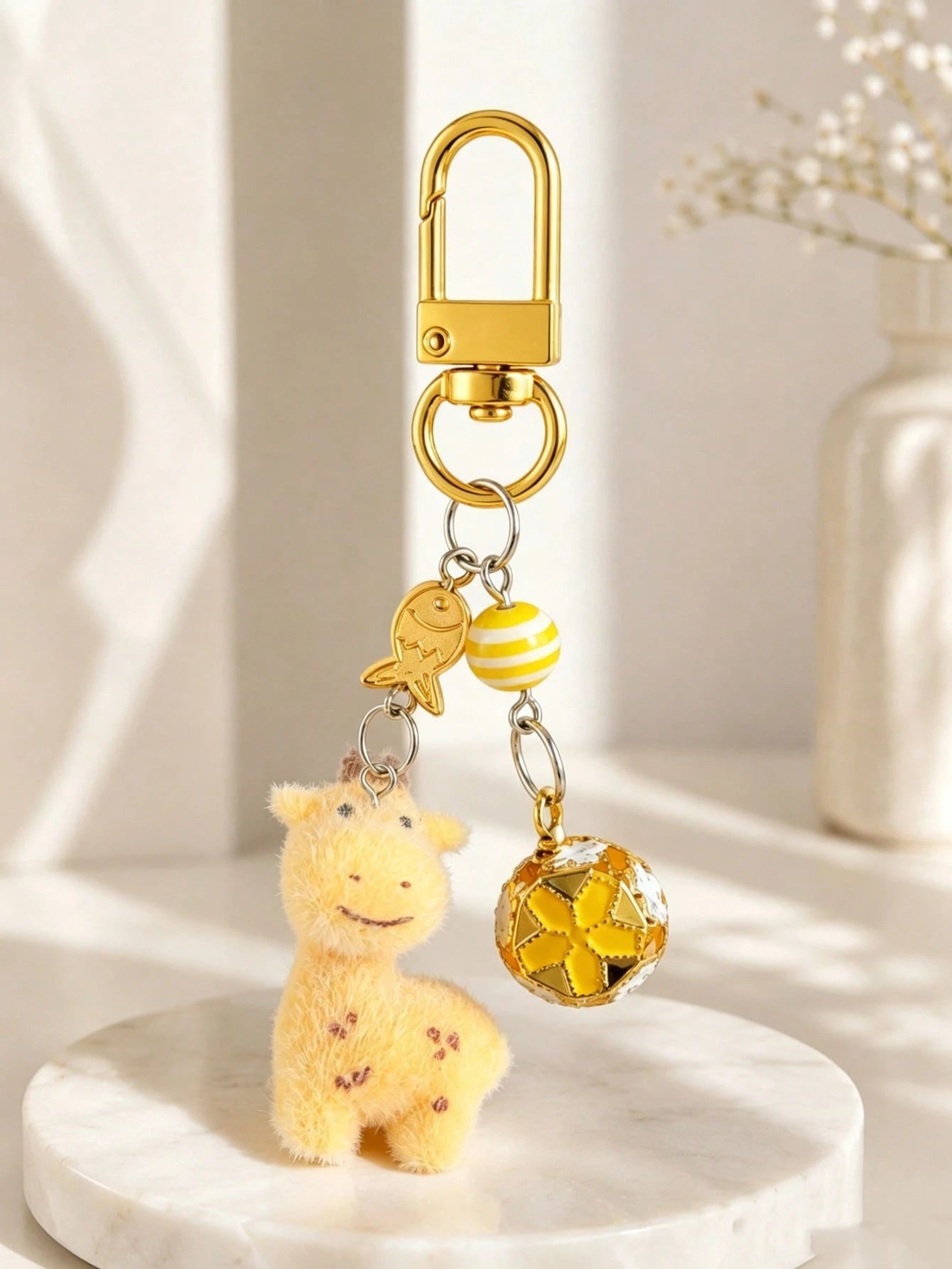 1pc/2pcs Women's Cartoon Giraffe Flocked Beaded Pendant, Colorful Cloisonné Hollow Flower Ball Bell Charm Keychain, Creative Cute Bag Pendant