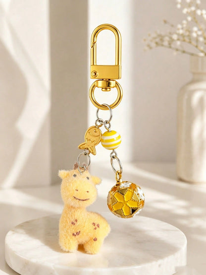 1pc/2pcs Women's Cartoon Giraffe Flocked Beaded Pendant, Colorful Cloisonné Hollow Flower Ball Bell Charm Keychain, Creative Cute Bag Pendant