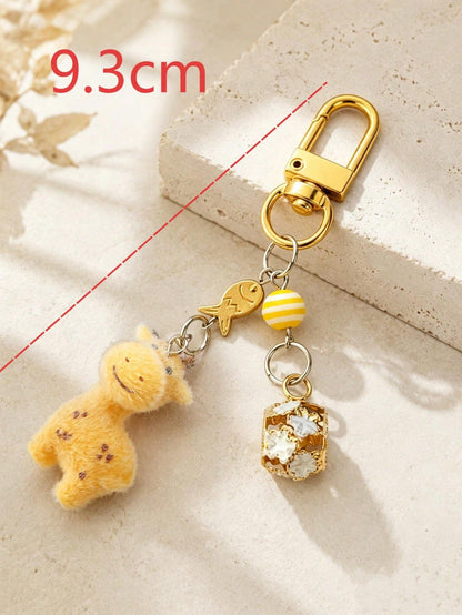 1pc/2pcs Women's Cartoon Giraffe Flocked Beaded Pendant, Colorful Cloisonné Hollow Flower Ball Bell Charm Keychain, Creative Cute Bag Pendant