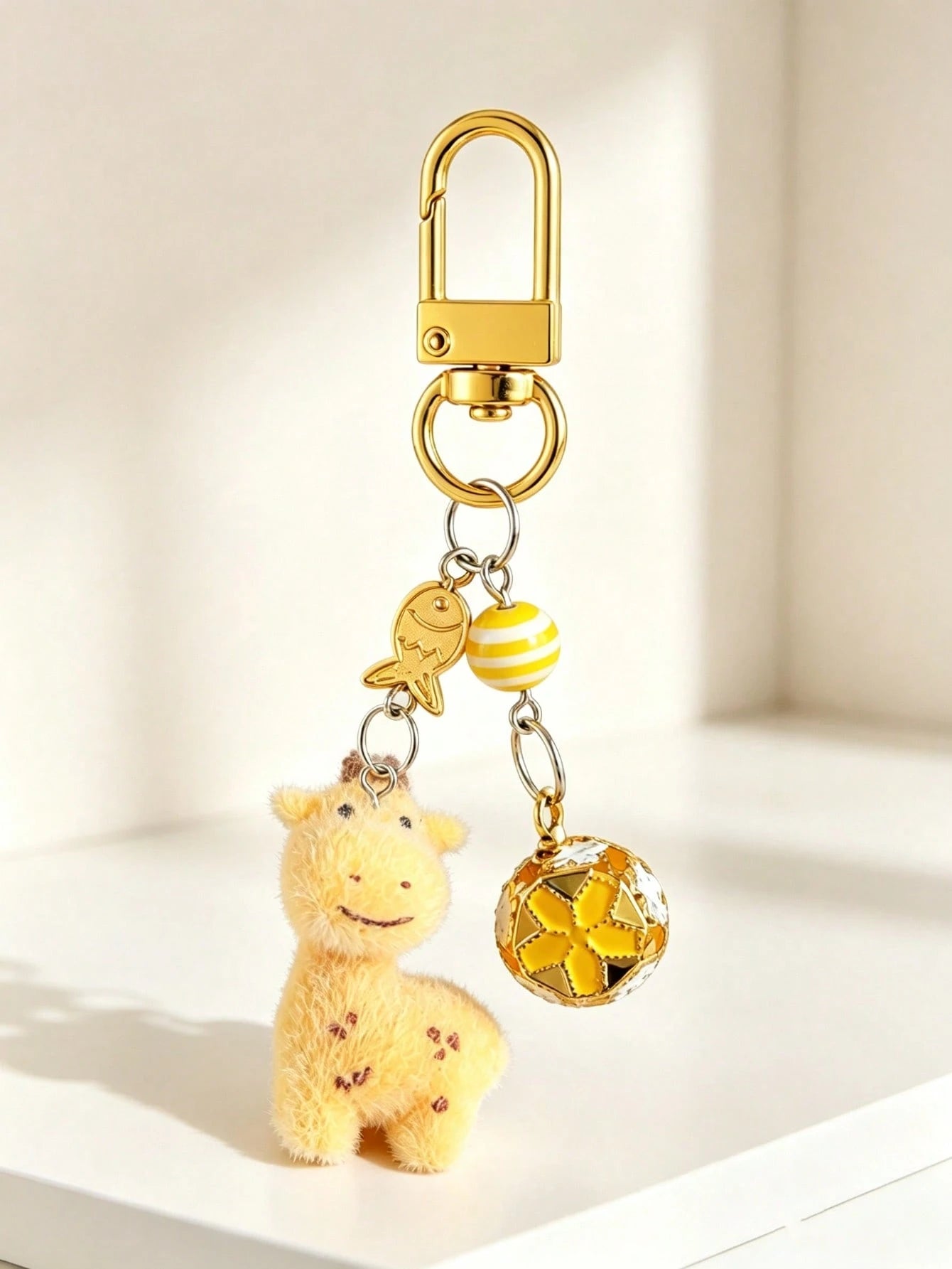 1pc/2pcs Women's Cartoon Giraffe Flocked Beaded Pendant, Colorful Cloisonné Hollow Flower Ball Bell Charm Keychain, Creative Cute Bag Pendant