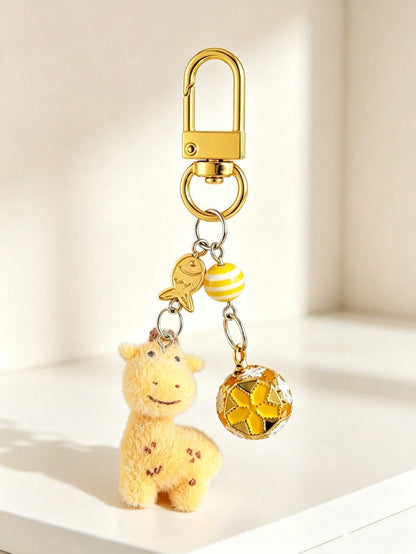 1pc/2pcs Women's Cartoon Giraffe Flocked Beaded Pendant, Colorful Cloisonné Hollow Flower Ball Bell Charm Keychain, Creative Cute Bag Pendant