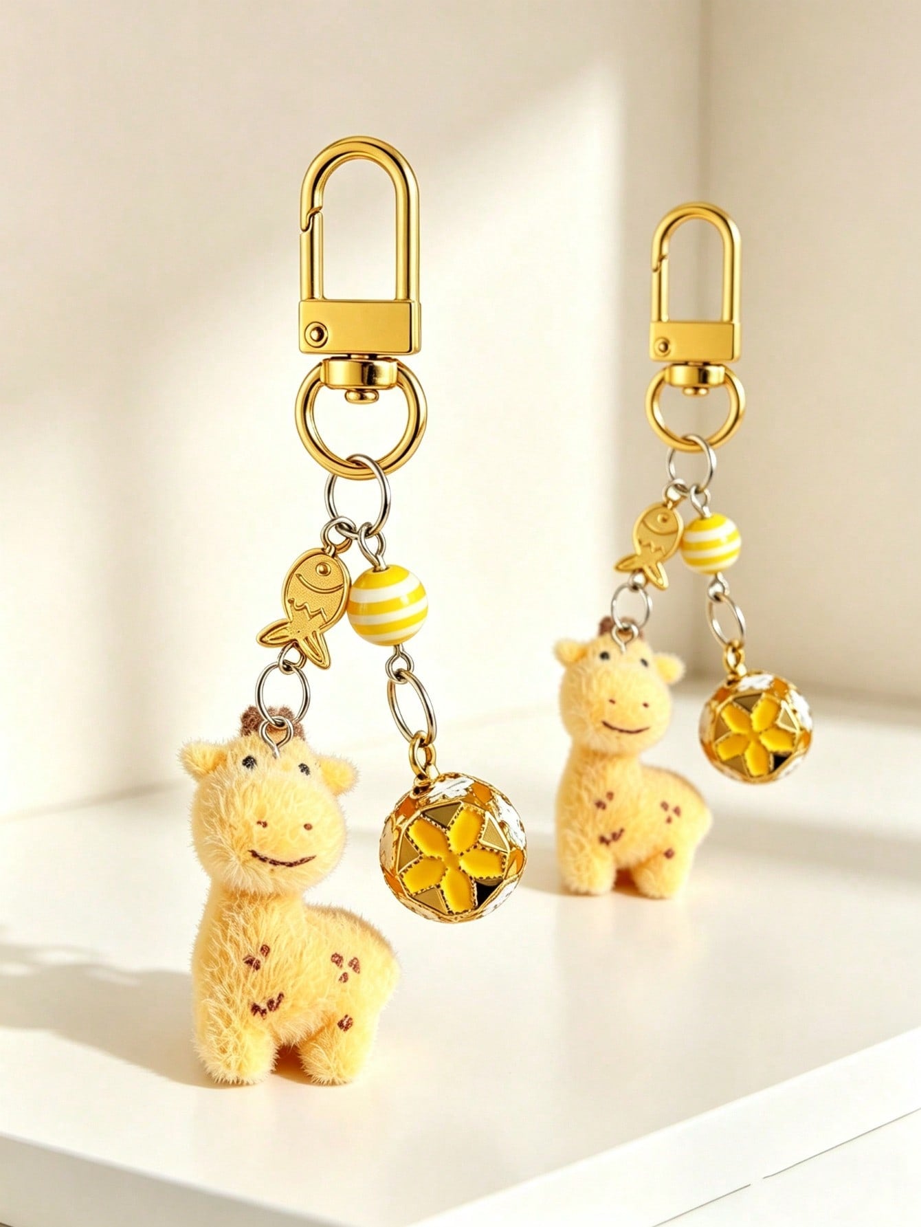 1pc/2pcs Women's Cartoon Giraffe Flocked Beaded Pendant, Colorful Cloisonné Hollow Flower Ball Bell Charm Keychain, Creative Cute Bag Pendant