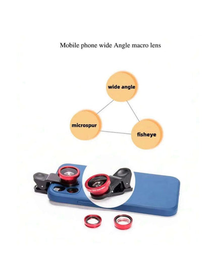 1pc 3-In-1 Mobile Phone Lens With Macro, Fish-Eye And Telephoto Functions, 180° Wide Angle, Selfie Stick Accessory