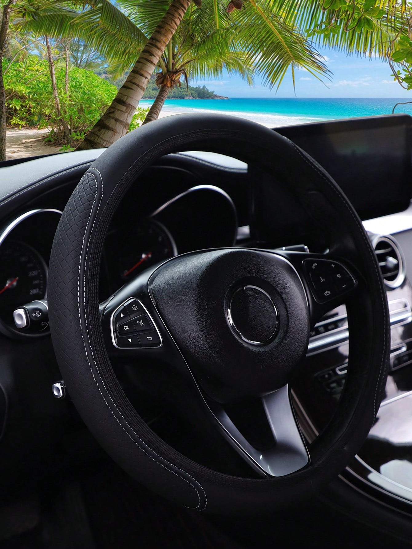 1pc 3D Comfortable Anti-Slip Leather Texture PU Leather Steering Wheel Cover, Suitable For 14.5-15 Inch Universal Cars