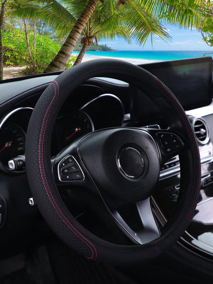 1pc 3D Comfortable Anti-Slip Leather Texture PU Leather Steering Wheel Cover, Suitable For 14.5-15 Inch Universal Cars