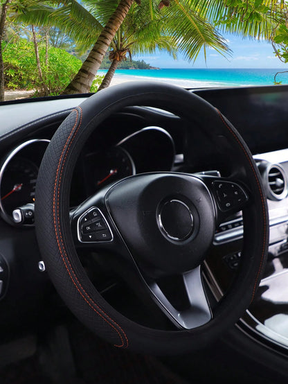 1pc 3D Comfortable Anti-Slip Leather Texture PU Leather Steering Wheel Cover, Suitable For 14.5-15 Inch Universal Cars