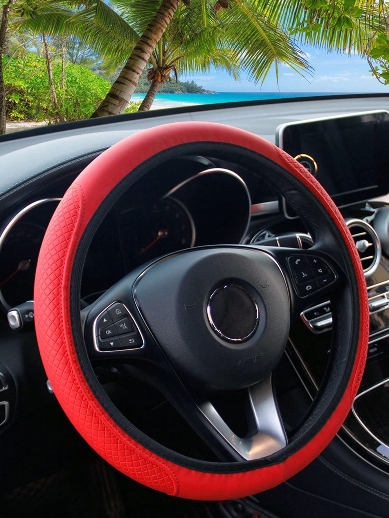 1pc 3D Comfortable Anti-Slip Leather Texture PU Leather Steering Wheel Cover, Suitable For 14.5-15 Inch Universal Cars
