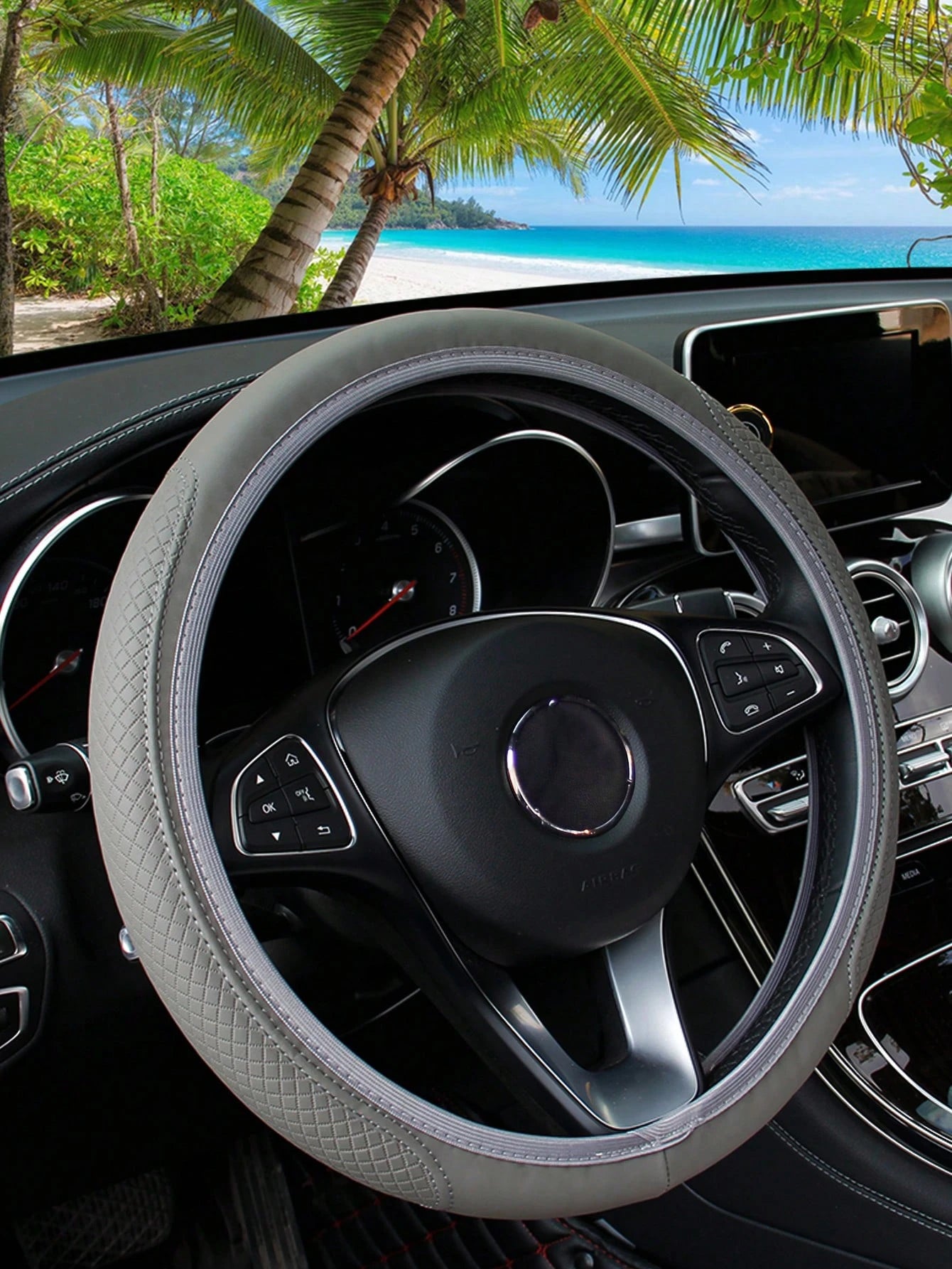 1pc 3D Comfortable Anti-Slip Leather Texture PU Leather Steering Wheel Cover, Suitable For 14.5-15 Inch Universal Cars