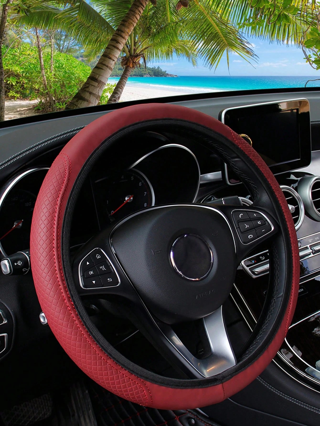 1pc 3D Comfortable Anti-Slip Leather Texture PU Leather Steering Wheel Cover, Suitable For 14.5-15 Inch Universal Cars