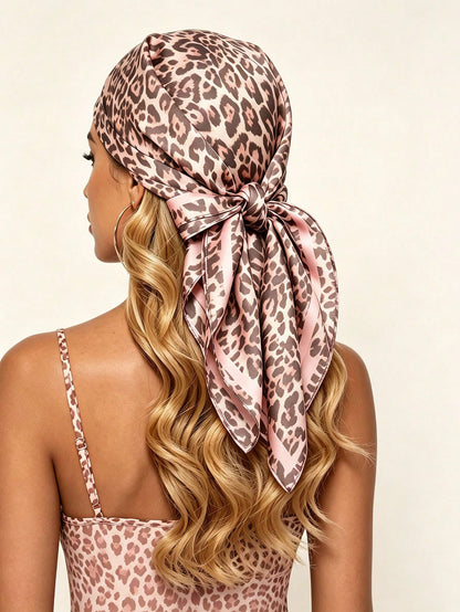 1pc 70/90cm Women's Leopard Print Square Scarf, Sun Protection, Versatile Headscarf, Silk Scarf, Summer