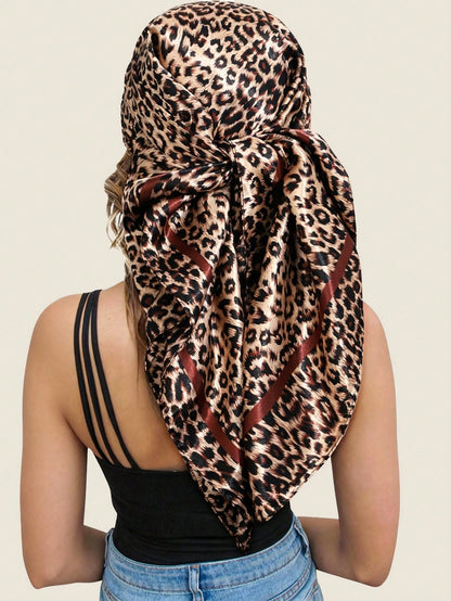 1pc 70/90cm Women's Leopard Print Square Scarf, Sun Protection, Versatile Headscarf, Silk Scarf, Summer