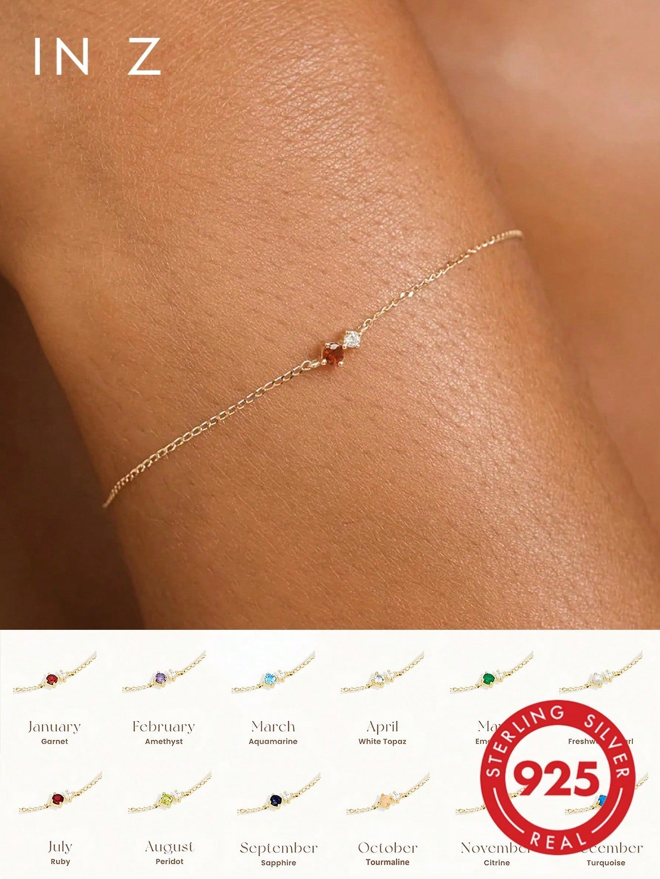 1pc 925 Sterling Silver Minimalist Gold-Plated 12 Birthstone Bracelet, Suitable For Women's Daily Wear (Delicate Chain Bracelet)