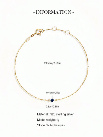 1pc 925 Sterling Silver Minimalist Gold-Plated 12 Birthstone Bracelet, Suitable For Women's Daily Wear (Delicate Chain Bracelet)