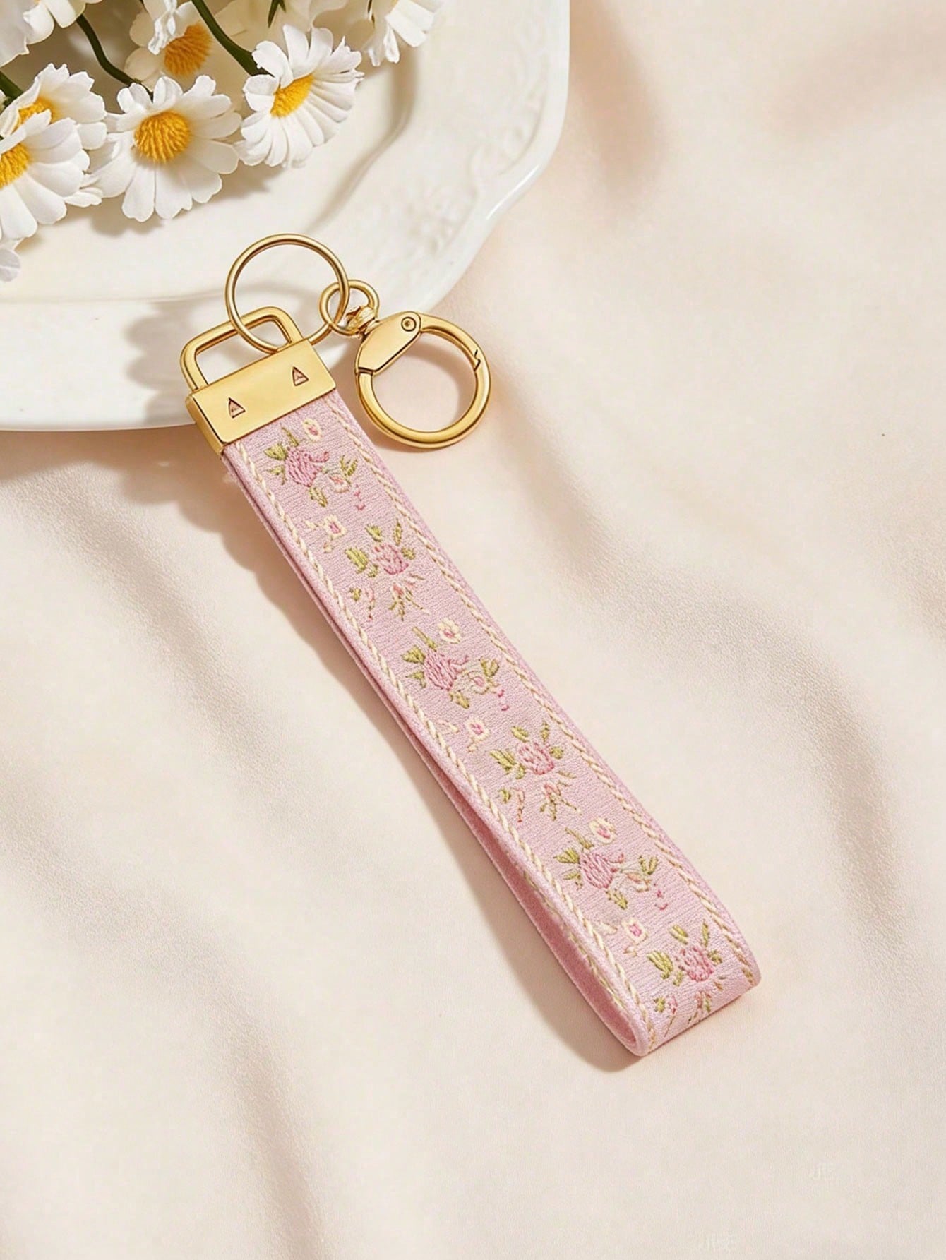 1pc Alloy Keychain Strap, Jacquard Woven Strap Keychain, Bag Charm Keychain Accessory, Wristlet Keychain, Printed Woven Keychain, Women's Car Keychain, Women's Fashion Keychain, Universal Keychain Pen